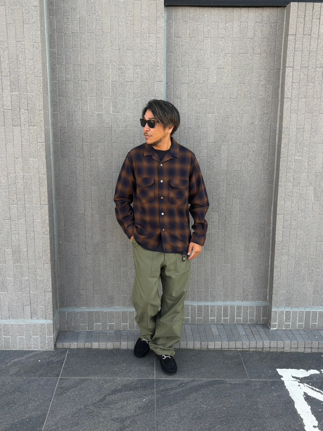 CHECK OPEN COLLAR SHIRT F3519