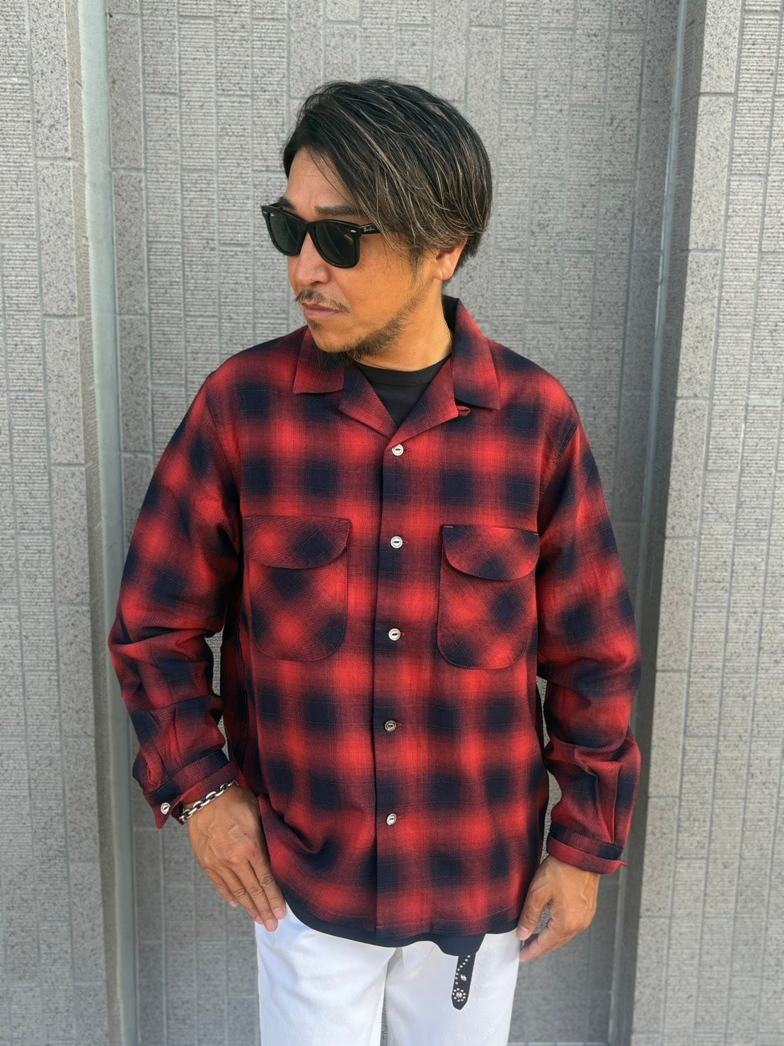 CHECK OPEN COLLAR SHIRT F3519